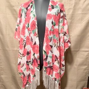 One Size Sheer Kimono with Rose Print and Fringe